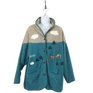Vintage Northern Reflections Sheep Horse Barn Fleece Cardigan Jacket Size XL
